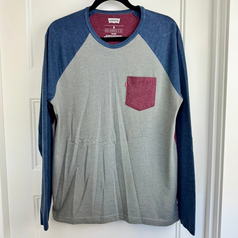 Levis Raglan T-Shirt Long Sleeve Casual Pocket Tee Mens Medium‎